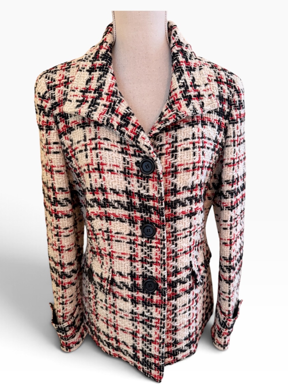 Talbots Cream/White/Black Red Plaid Tweed Button-Front Blazer 8